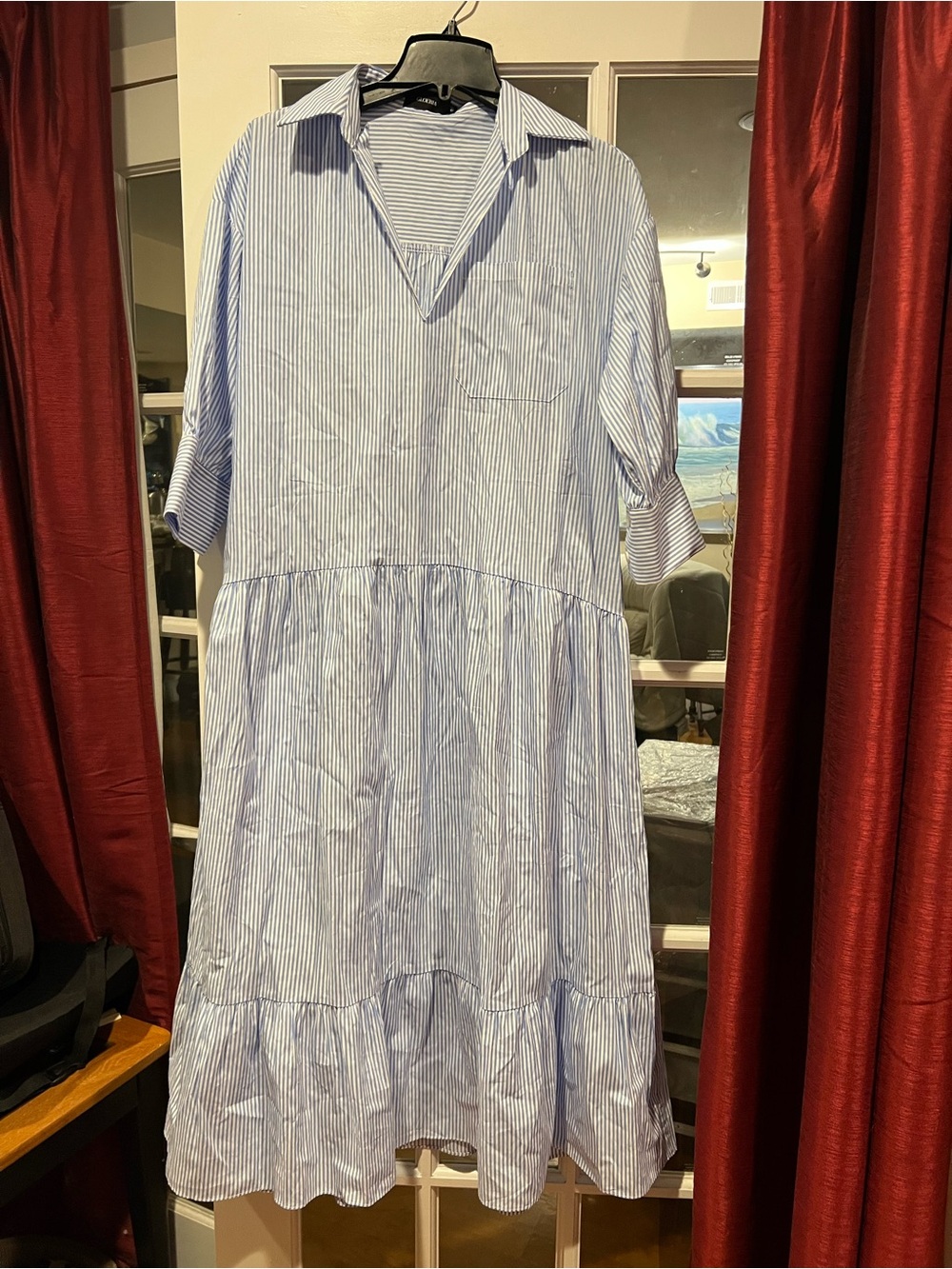 Gloaria Light Blue Striped Midi Shirt Dress with Tiered Skirt